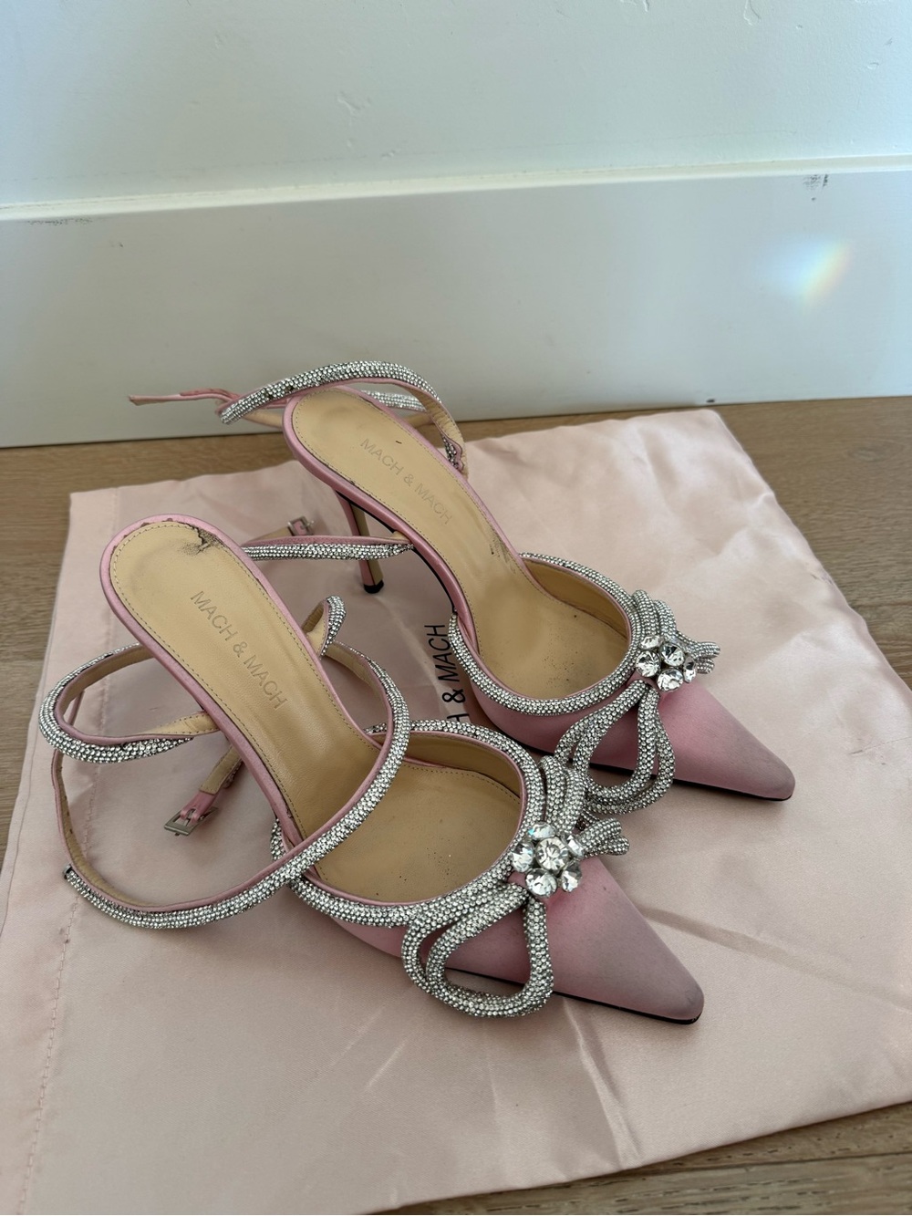 MACH & MACH Pink Crystal-Embellished Pointed Toe Slingback Heels